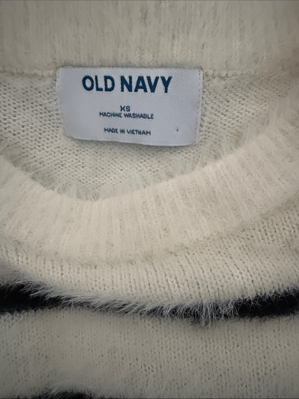 Old Navy Cream and Black Fuzzy Striped Crew Sweater - Picture 2 of 4